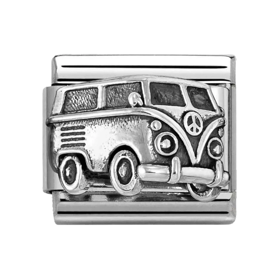 Niche Jewellery Nomination stainless steel camper van charm with oxidised silver finish and peace sign detail.