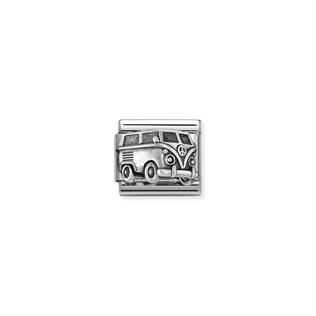 Niche Jewellery Nomination stainless steel charm featuring an oxidised silver camper van with a peace sign detail.