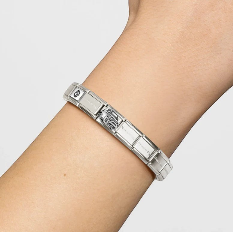 Niche Jewellery Nomination stainless steel car charm with oxidised silver finish on a classic link bracelet.