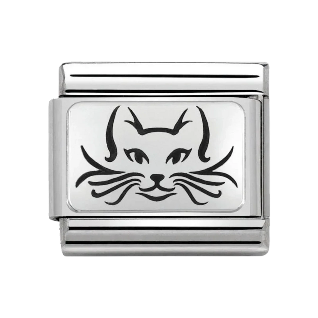 Niche Jewellery Nomination stainless steel charm featuring an oxidised silver cat face design for composable bracelets