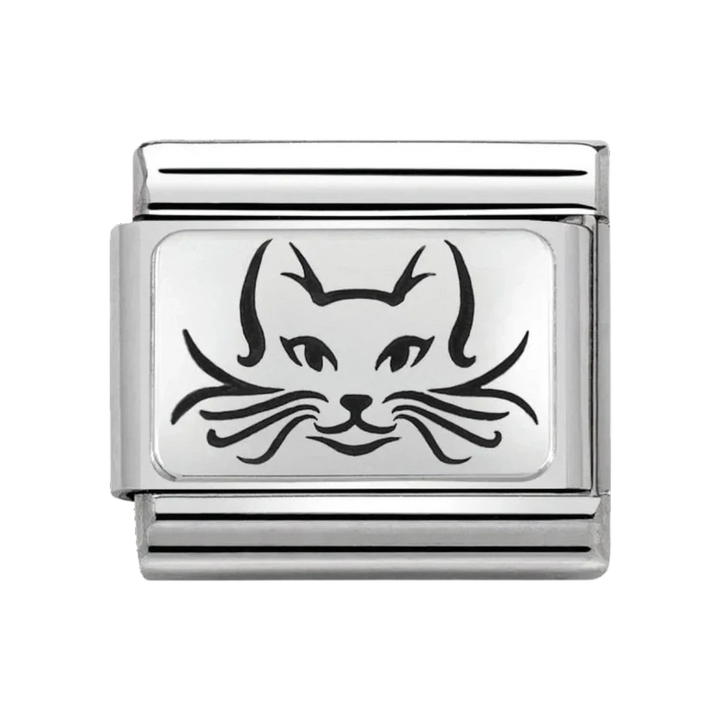 Niche Jewellery Nomination stainless steel charm featuring an oxidised silver cat face design for composable bracelets