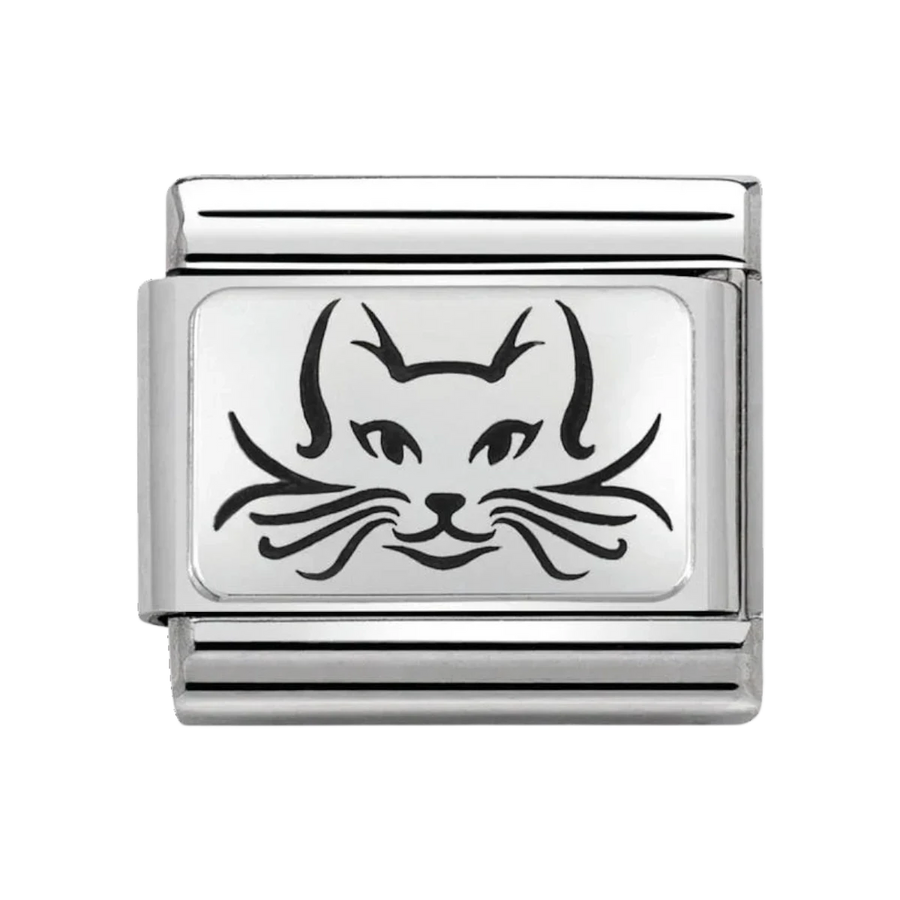 Niche Jewellery Nomination stainless steel charm featuring an oxidised silver cat face design for composable bracelets