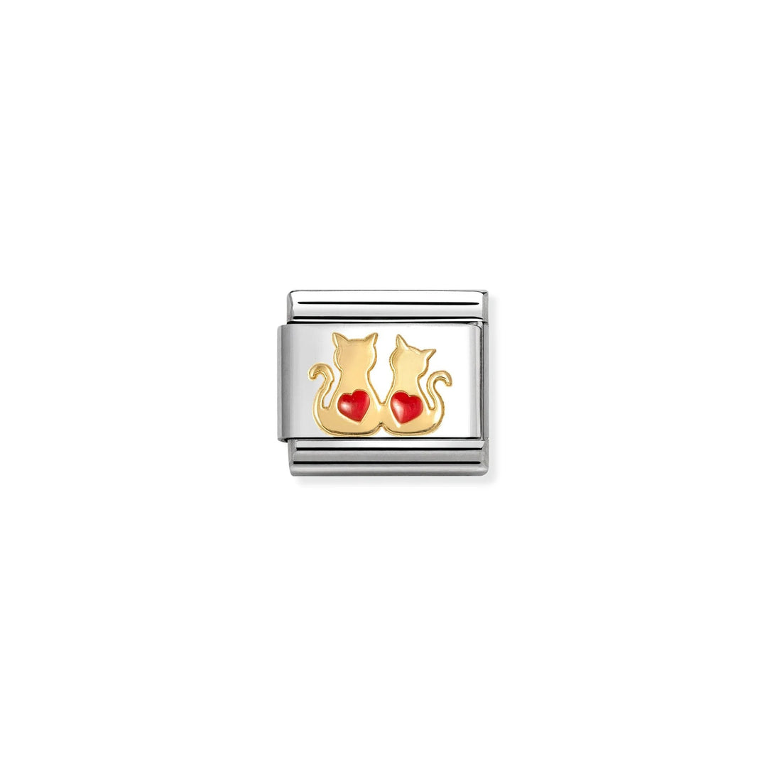 Niche Jewellery Nomination charm featuring two 18k gold cats with red enamel hearts on a stainless steel link.