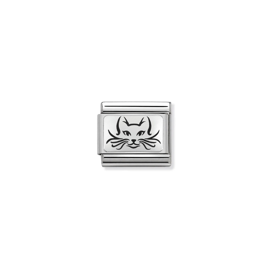 Niche Jewellery Nomination stainless steel charm with an oxidised silver cat face design for composable bracelets.