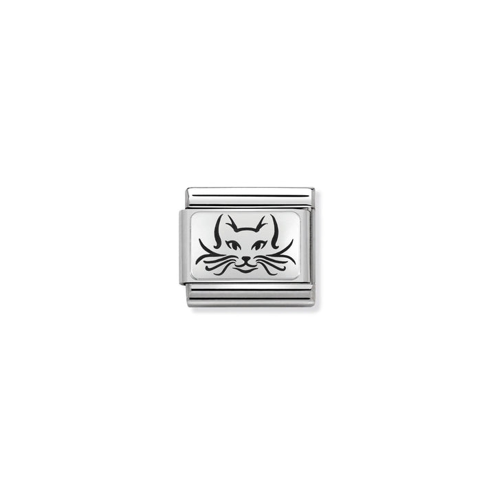 Niche Jewellery Nomination stainless steel charm with an oxidised silver cat face design for composable bracelets.