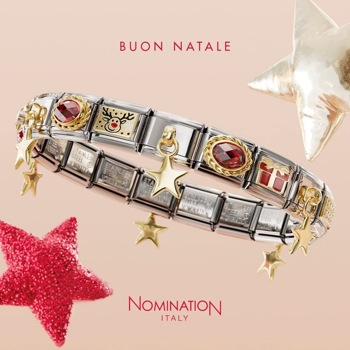 Niche Jewellery Nomination stainless steel charm bracelet with festive Christmas tree, reindeer, and star charms.
