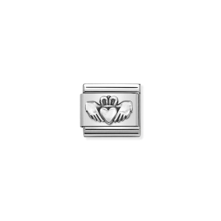 Niche Jewellery Nomination stainless steel Claddagh charm with an oxidised silver finish featuring heart and crown.