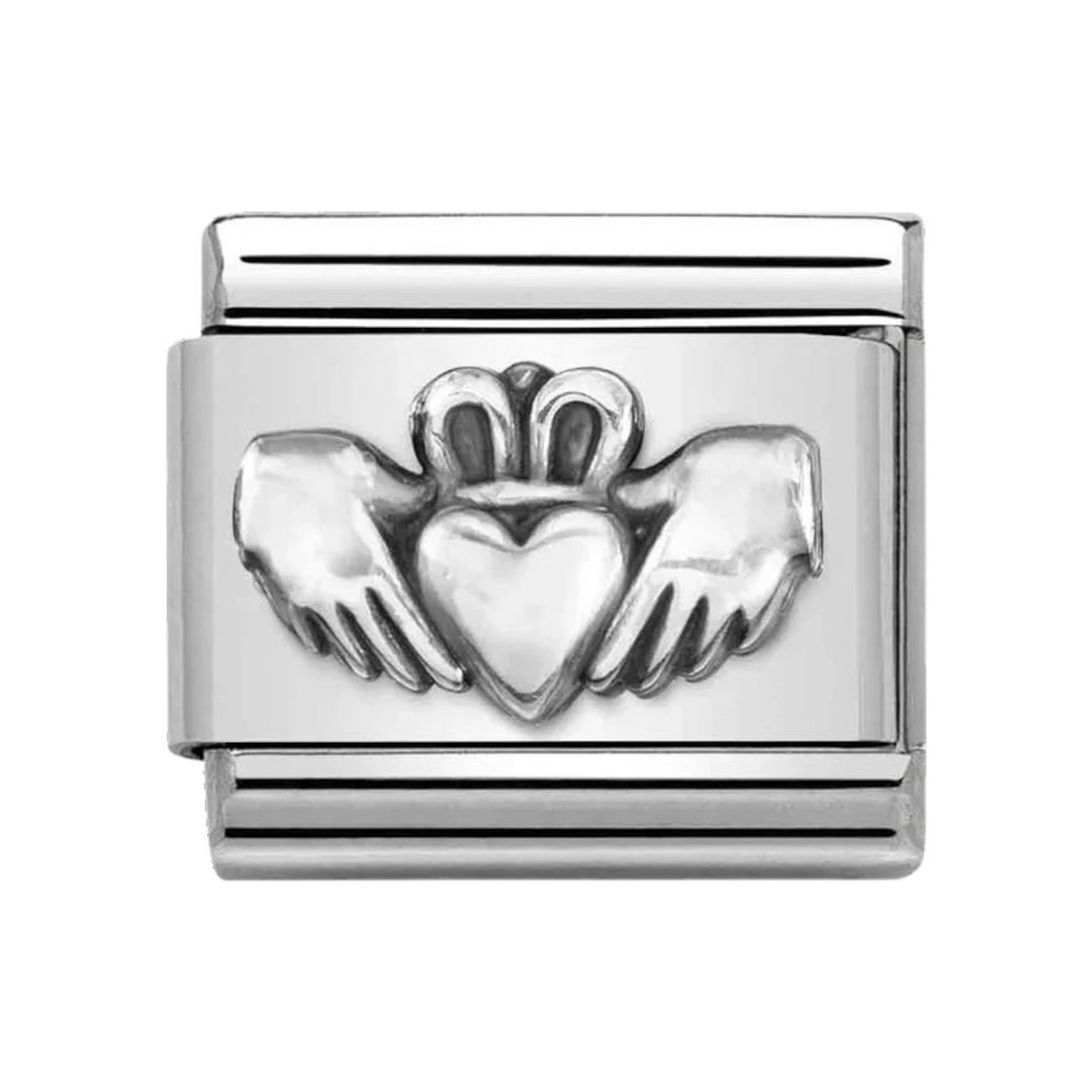 Niche Jewellery Nomination stainless steel Claddagh charm with an oxidised silver finish featuring heart and crown