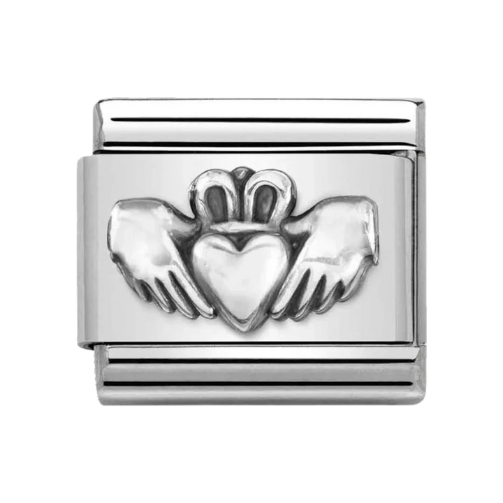 Niche Jewellery Nomination stainless steel Claddagh charm with an oxidised silver finish featuring heart and crown