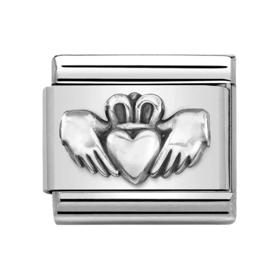 Niche Jewellery Nomination stainless steel Claddagh charm with an oxidised silver finish featuring heart and crown