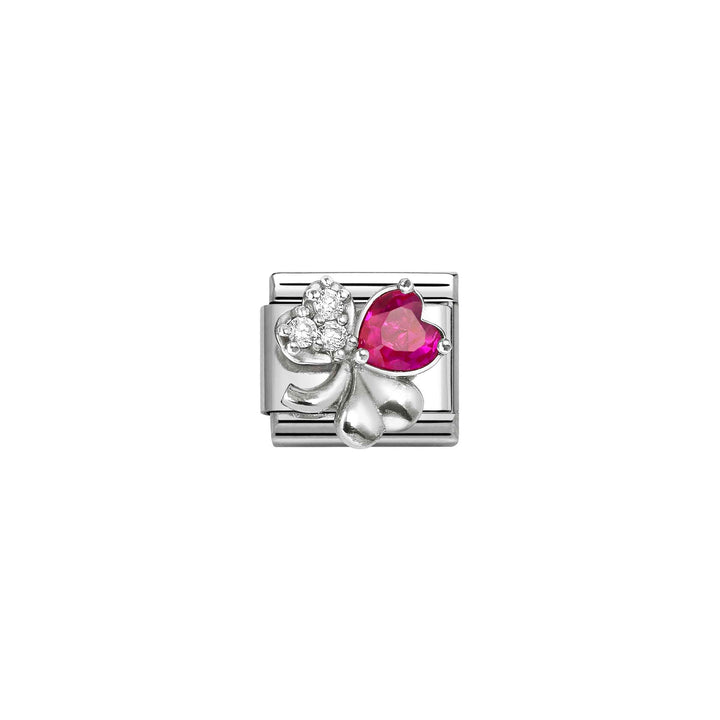Niche Jewellery Nomination stainless steel charm featuring a four-leaf clover with red zirconia and clear crystals.