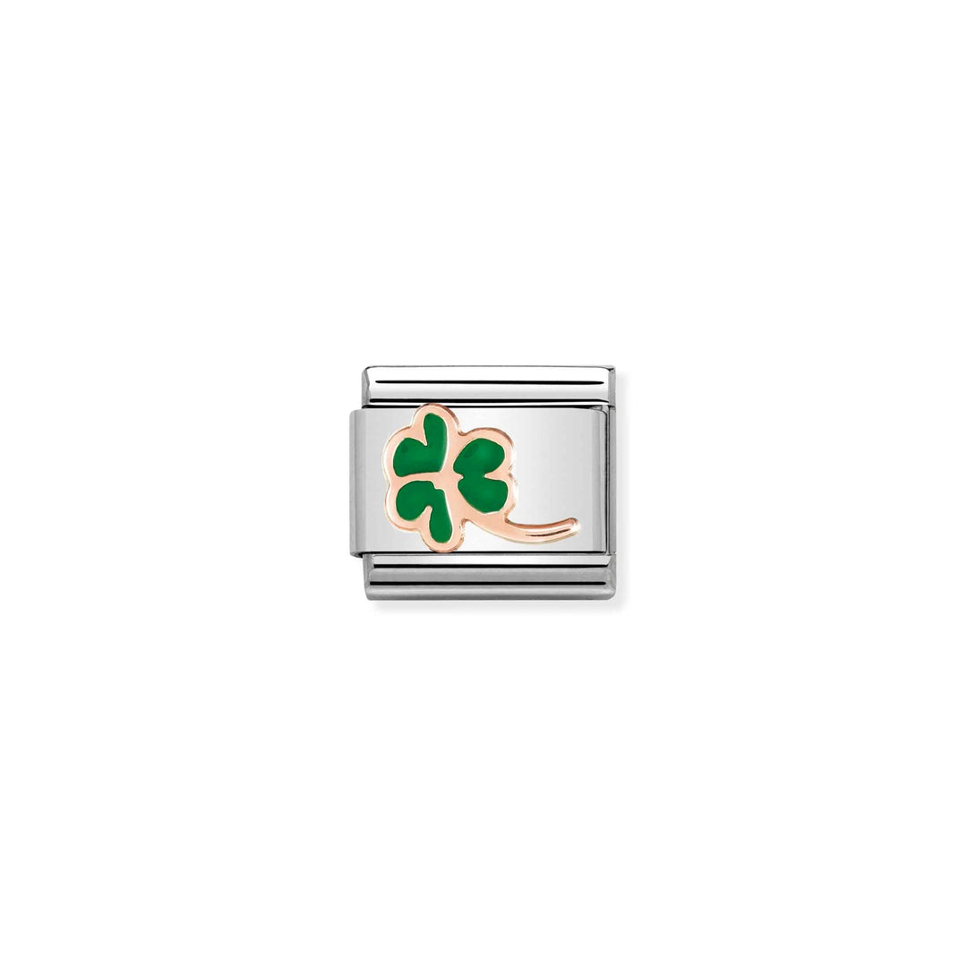 Niche Jewellery Nomination charm featuring a green enamel four-leaf clover on a rose gold and stainless steel link.