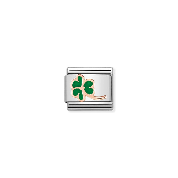 Niche Jewellery Nomination charm featuring a green enamel four-leaf clover on a rose gold and stainless steel link.