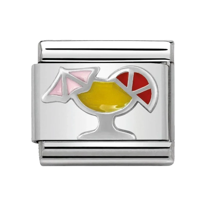 Niche Jewellery Nomination silver cocktail charm with colourful yellow, pink, and red enamel on stainless steel.