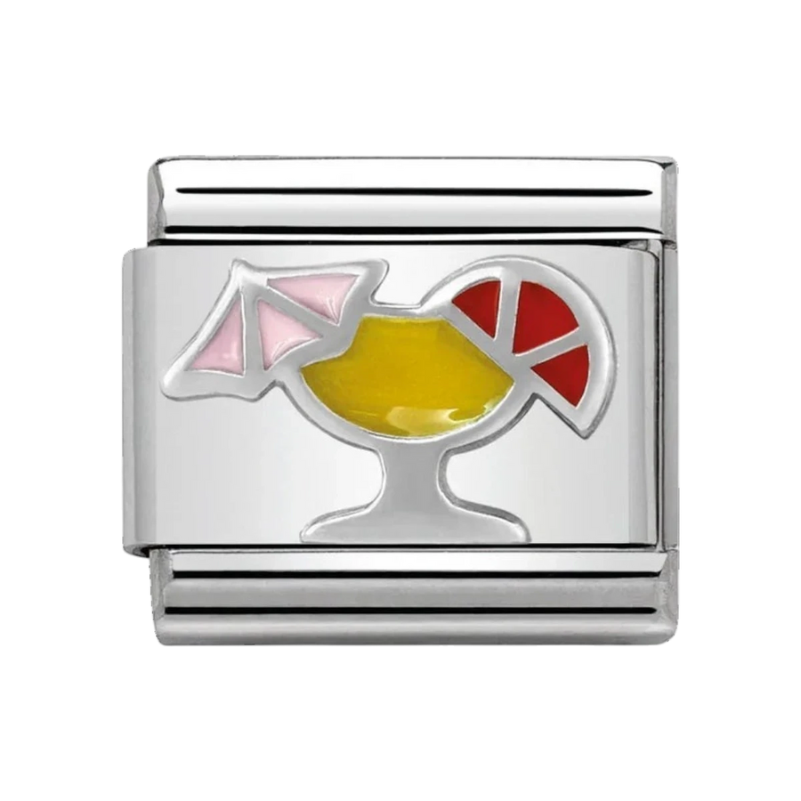Niche Jewellery Nomination silver cocktail charm with colourful yellow, pink, and red enamel on stainless steel.