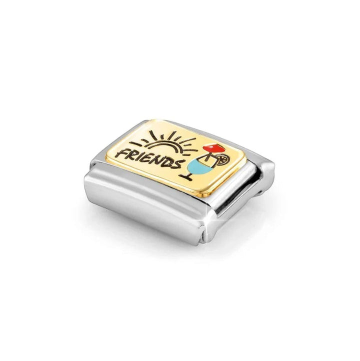 Niche Jewellery Nomination charm in stainless steel and 18k gold featuring a colourful cocktail and Friends motif.