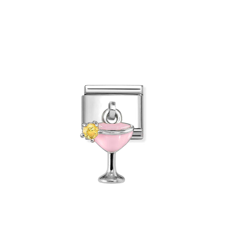 Niche Jewellery Nomination silver charm featuring a pink enamel cocktail glass with a yellow cubic zirconia garnish.