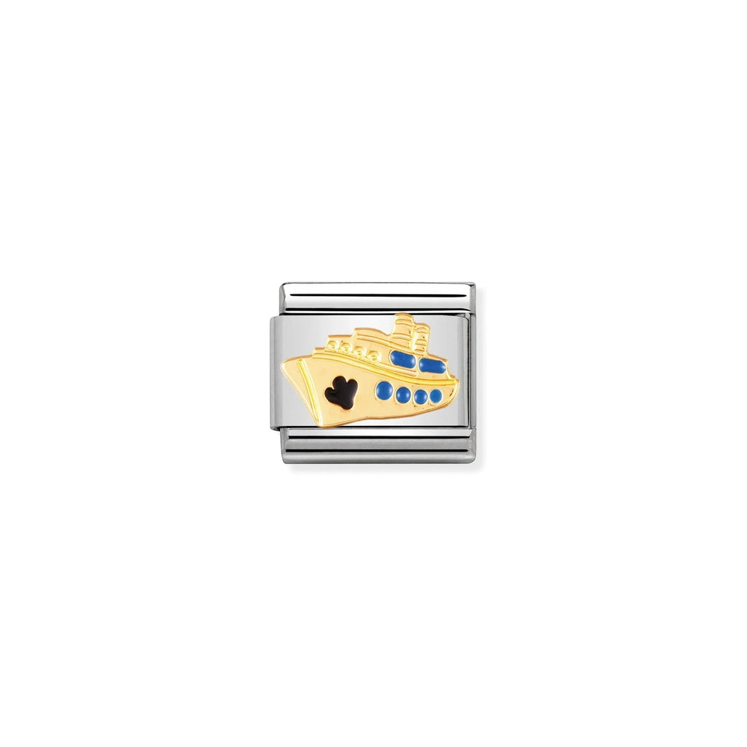 Niche Jewellery Nomination charm featuring a gold and blue enamel cruise ship on a stainless steel link.