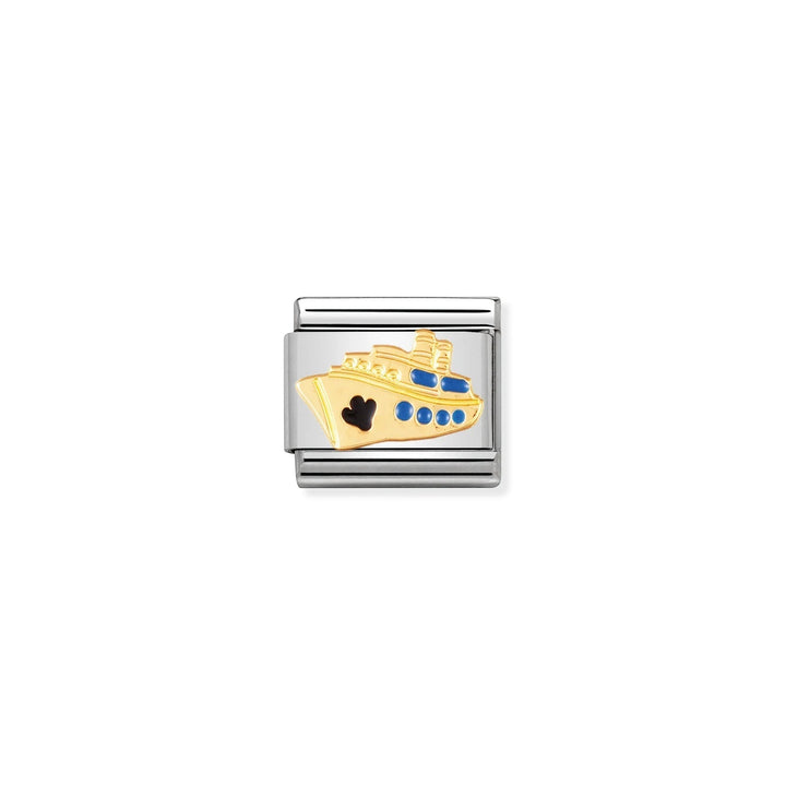 Niche Jewellery Nomination charm featuring a gold and blue enamel cruise ship on a stainless steel link.