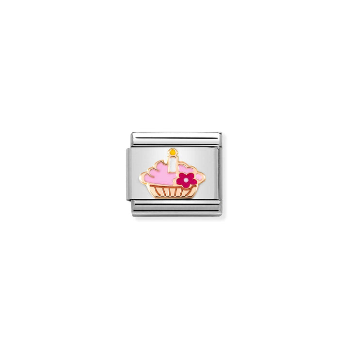 Niche Jewellery Nomination charm featuring a pink enamel cupcake with a candle on a stainless steel link