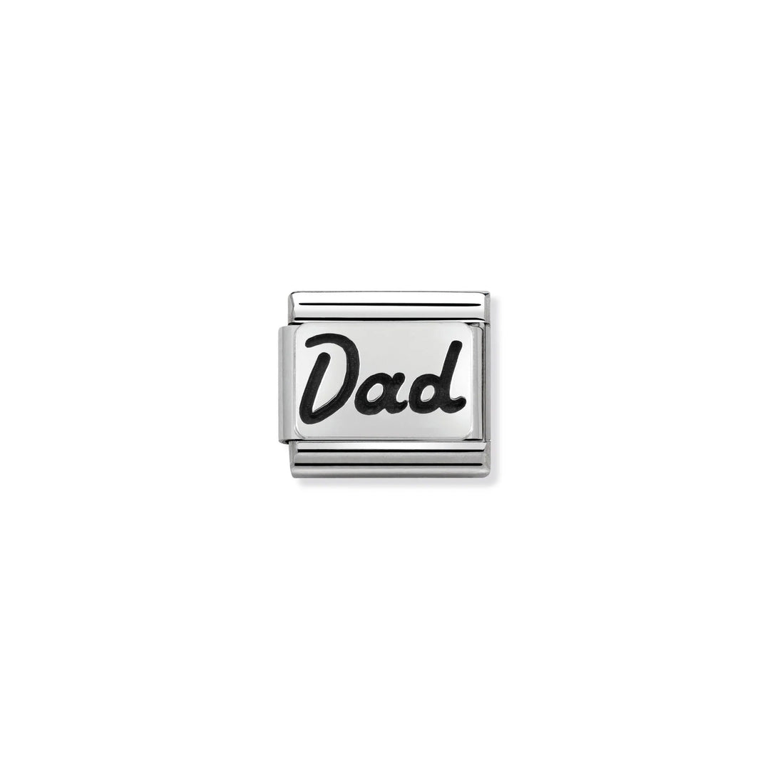 Niche Jewellery Nomination Composable Classic stainless steel charm featuring the word Dad in oxidised silver script.