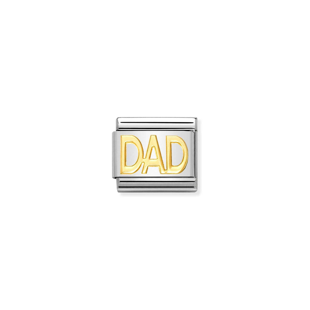 Niche Jewellery Nomination Composable Classic charm featuring the word DAD in 18k gold on a stainless steel link.