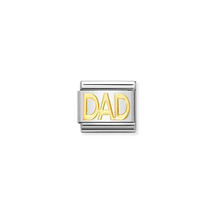 Niche Jewellery Nomination Composable Classic charm featuring the word DAD in 18k gold on a stainless steel link.