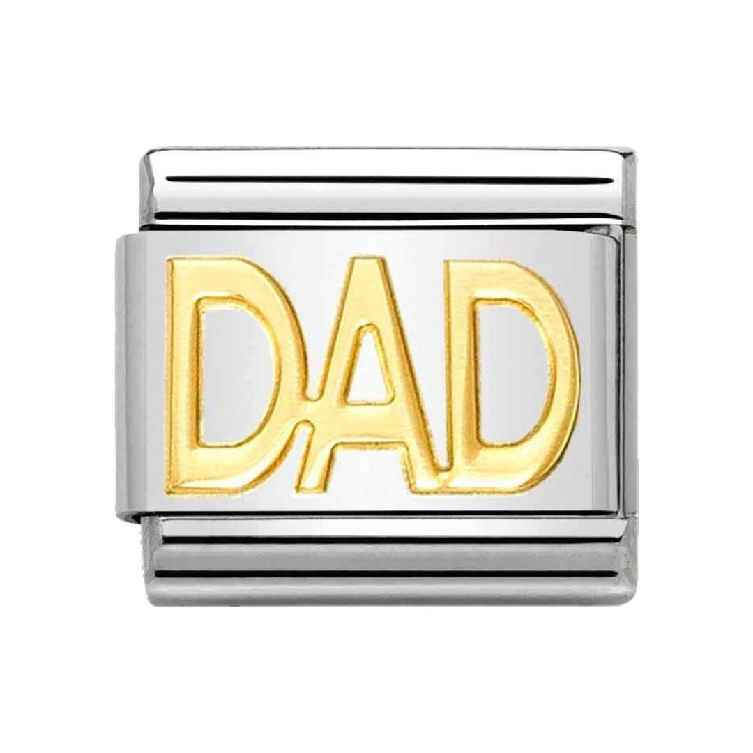 Niche Jewellery Nomination Composable Classic charm featuring the word DAD in 18k gold on a stainless steel link.