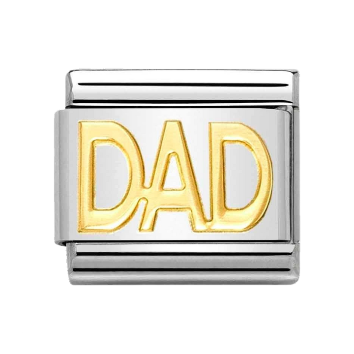 Niche Jewellery Nomination Composable Classic charm featuring the word DAD in 18k gold on a stainless steel link.