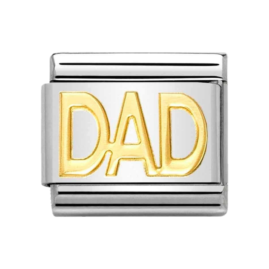 Niche Jewellery Nomination Composable Classic charm featuring the word DAD in 18k gold on a stainless steel link.