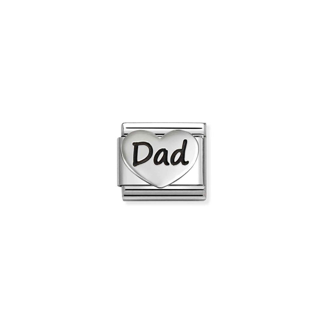 Niche Jewellery Nomination stainless steel charm featuring an oxidised silver heart with the word Dad engraved.