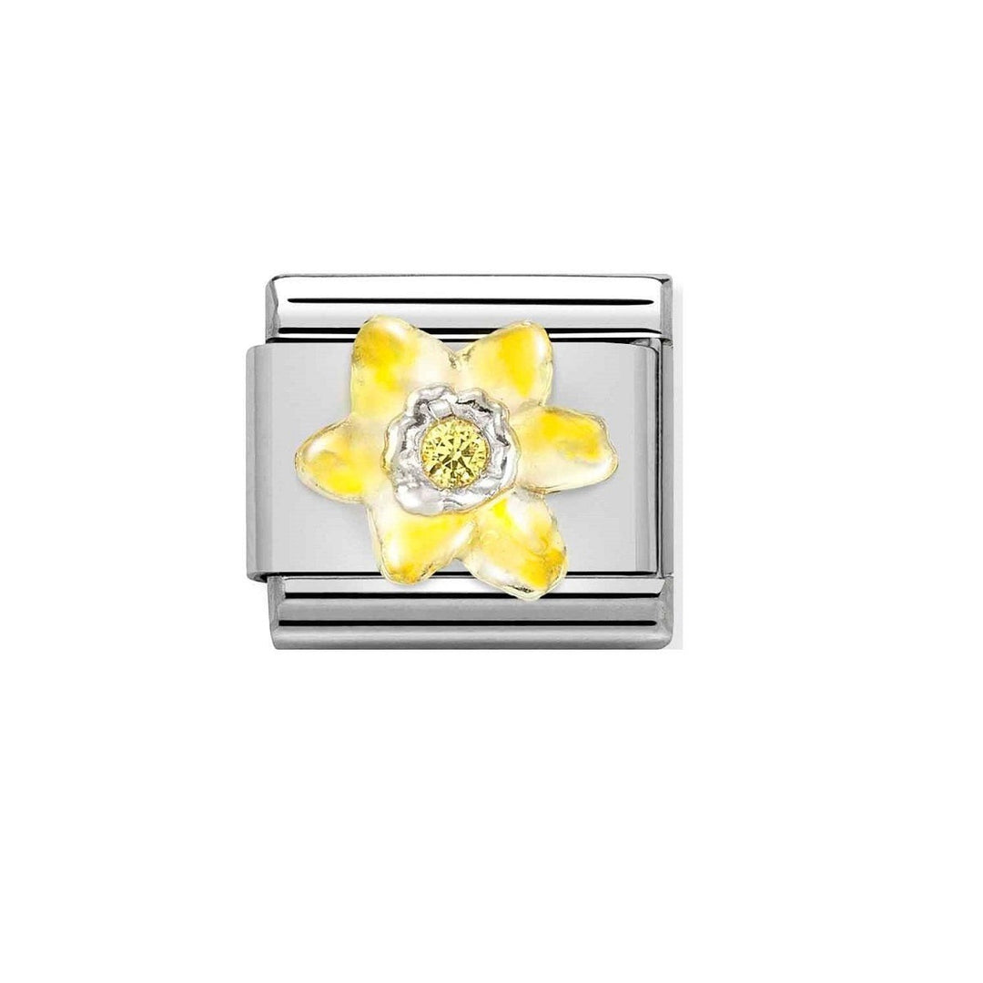 Niche Jewellery Nomination charm featuring a yellow enamel daffodil with a cubic zirconia center on silver steel.