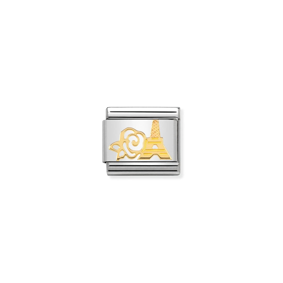 Niche Jewellery Nomination charm featuring a gold rose and Eiffel Tower on a stainless steel link for bracelets.