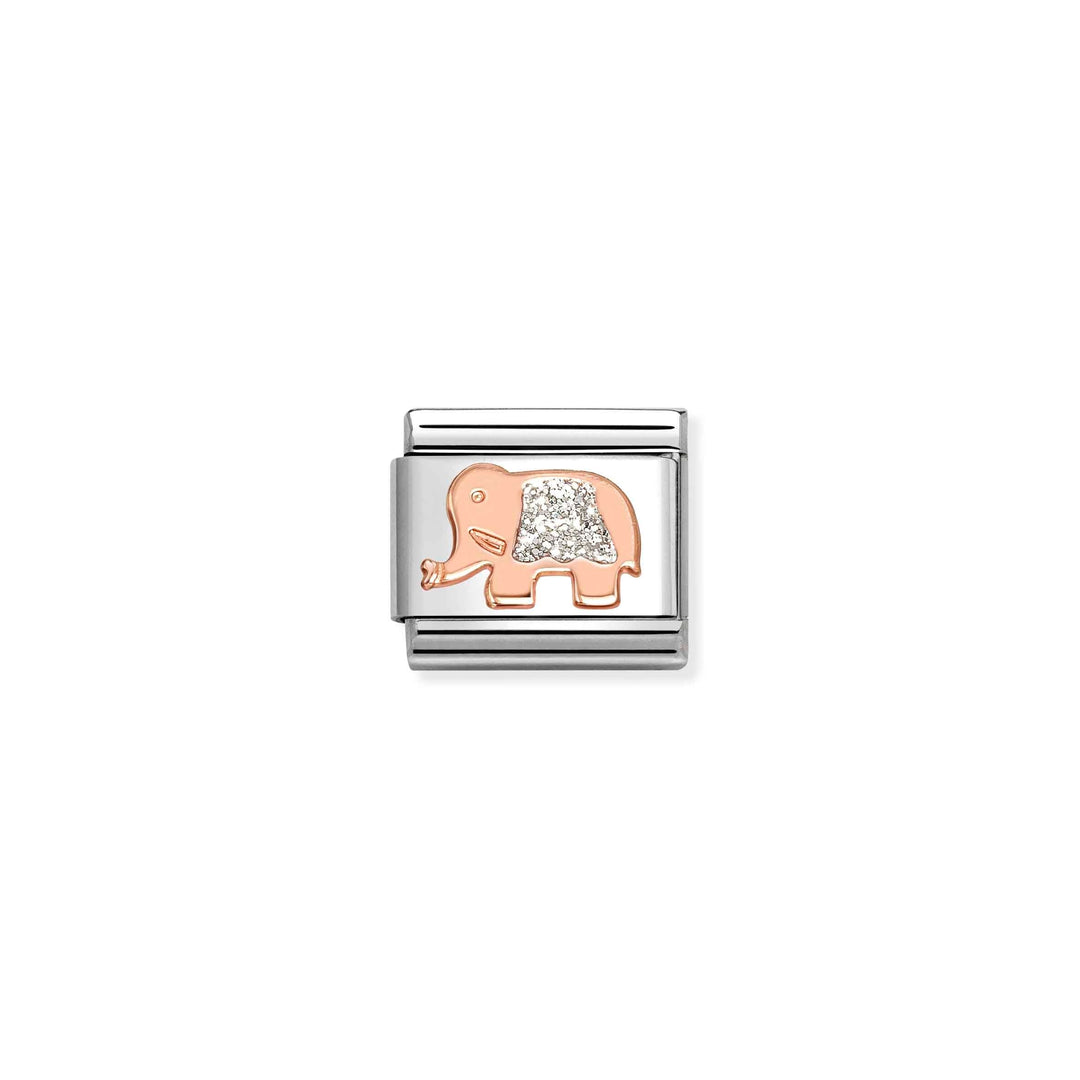 Niche Jewellery Nomination charm featuring a rose gold elephant with glitter enamel on a stainless steel link.