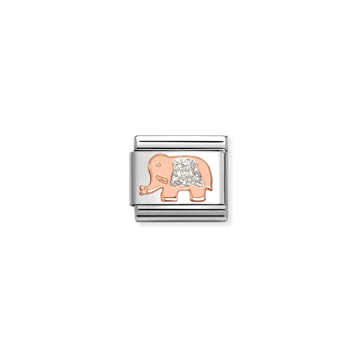 Niche Jewellery Nomination charm featuring a rose gold elephant with glitter enamel on a stainless steel link.