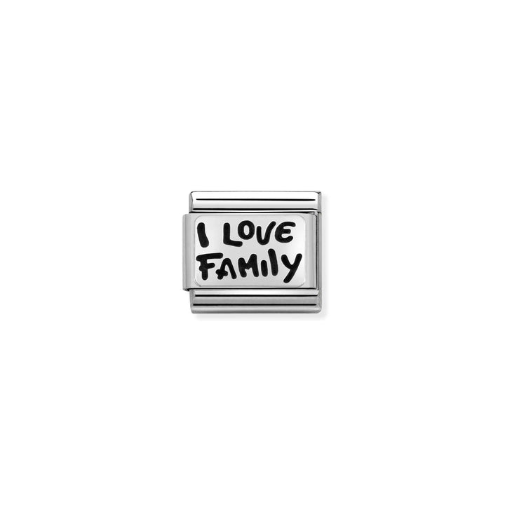 Niche Jewellery Nomination silver oxidised stainless steel charm featuring I Love Family text engraving