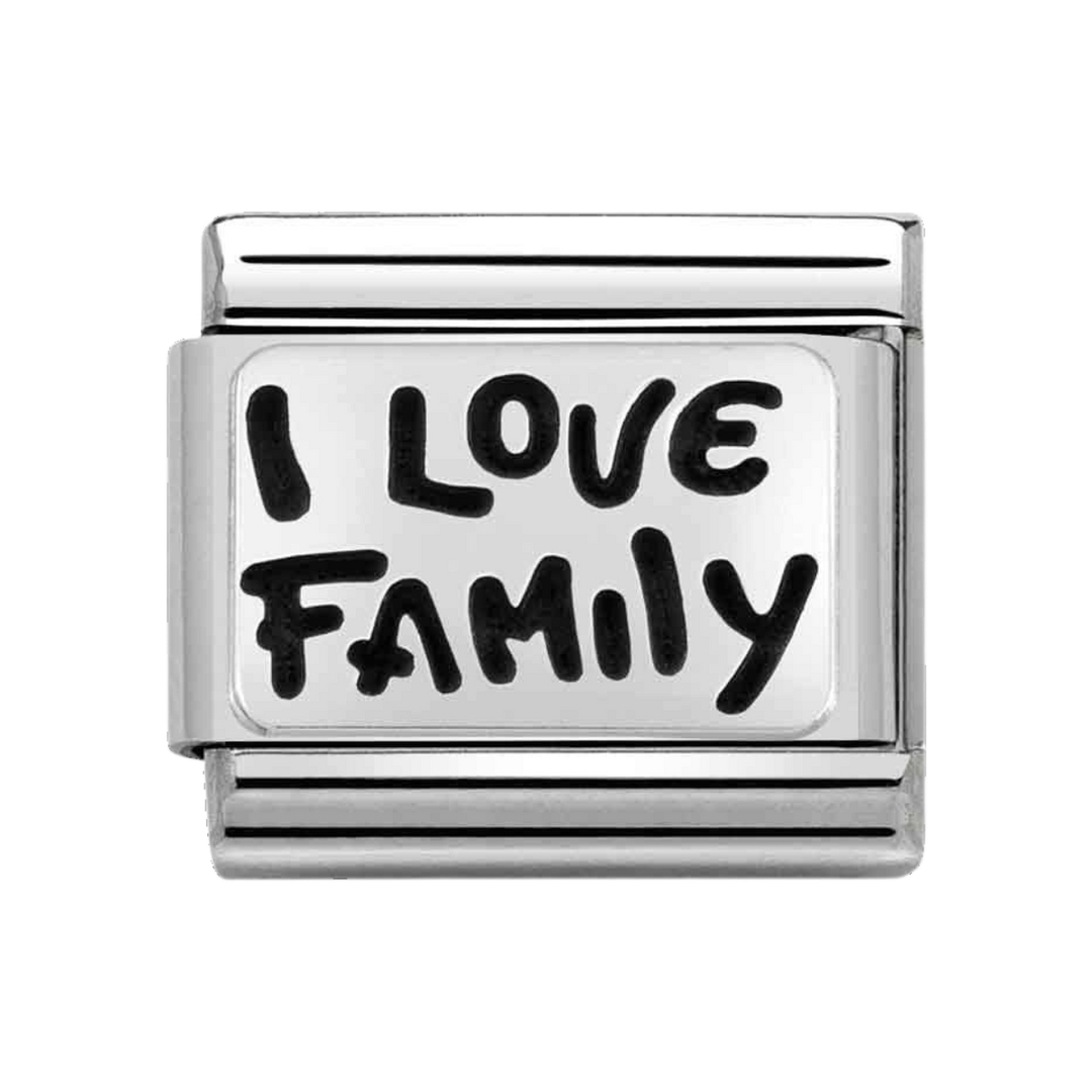 Niche Jewellery Nomination silver oxidised stainless steel charm with I Love Family inscription