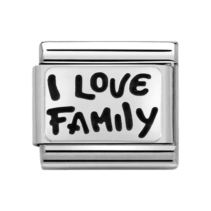 Niche Jewellery Nomination silver oxidised stainless steel charm with I Love Family inscription