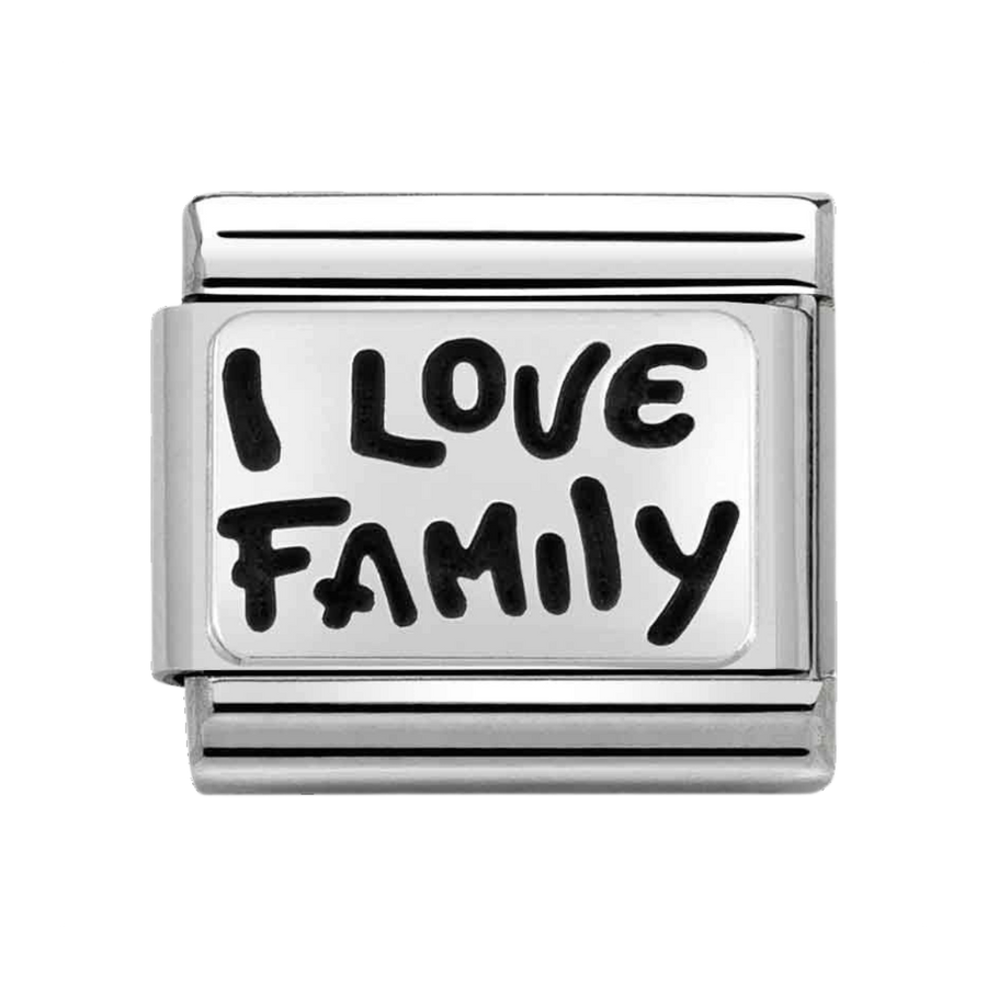 Niche Jewellery Nomination silver oxidised stainless steel charm with I Love Family inscription
