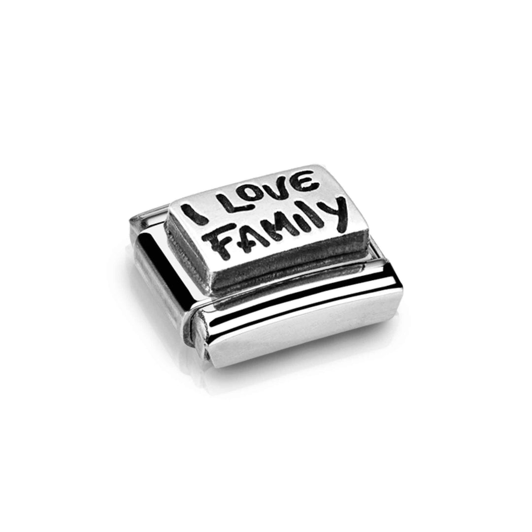 Niche Jewellery Nomination silver oxidised stainless steel charm with I Love Family inscription