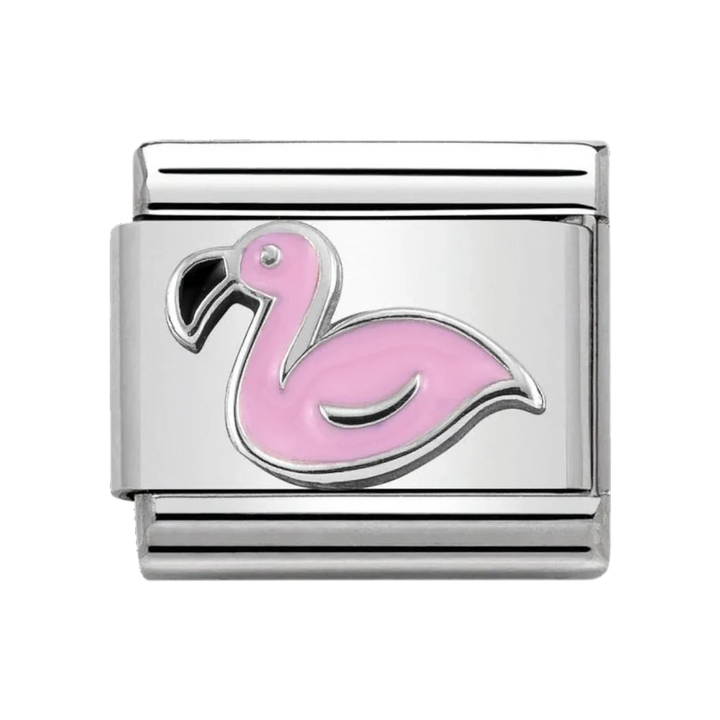 Niche Jewellery Nomination silver charm featuring a pink enamel flamingo on a stainless steel link