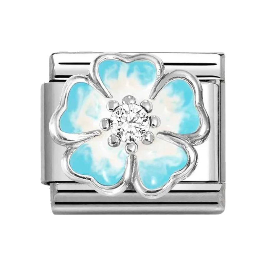 Niche Jewellery Nomination silver flower charm with blue and white enamel petals and a central cubic zirconia stone.