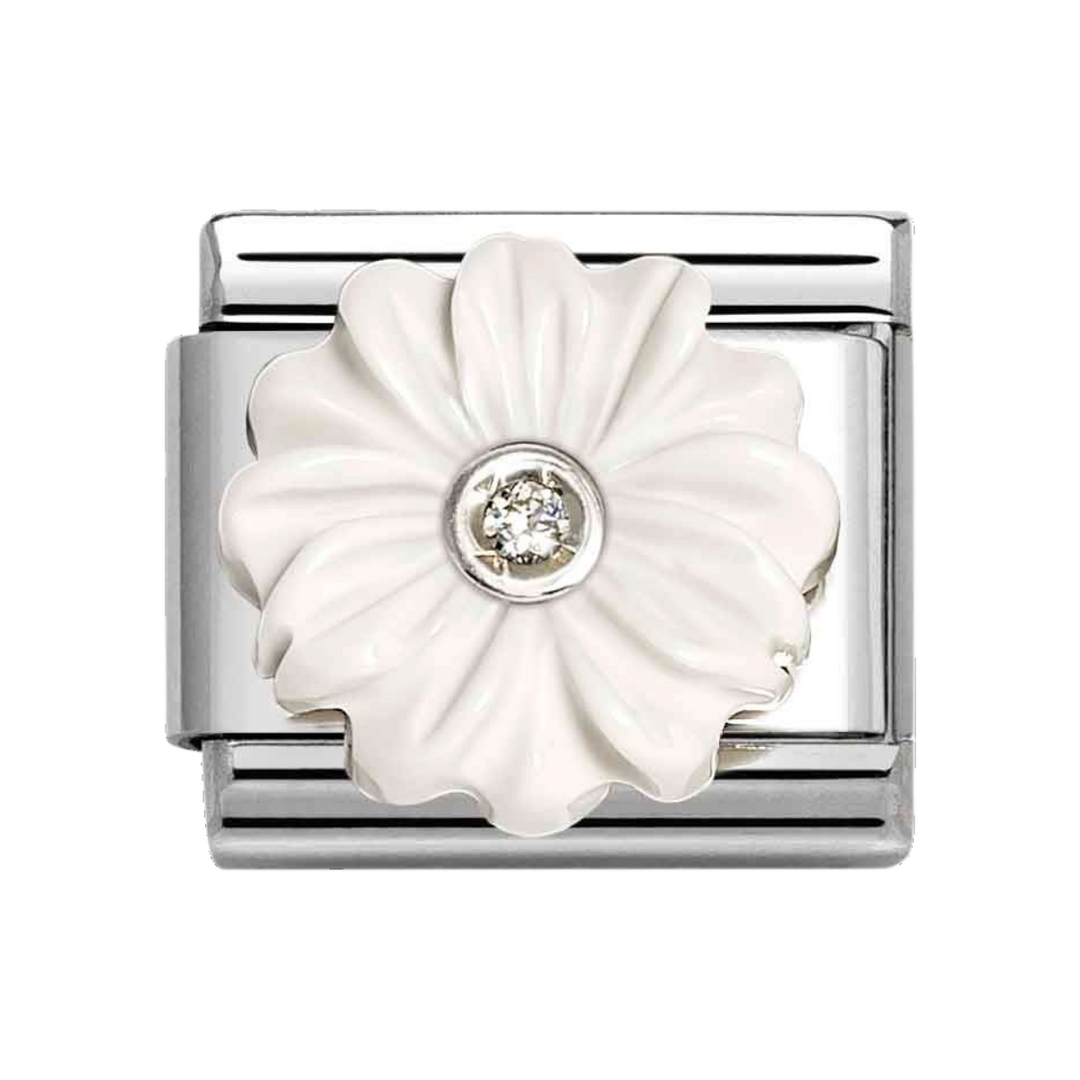 Niche Jewellery Nomination charm featuring a white stone flower with a central cubic zirconia on a silver link.