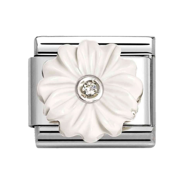 Niche Jewellery Nomination charm featuring a white stone flower with a central cubic zirconia on a silver link.