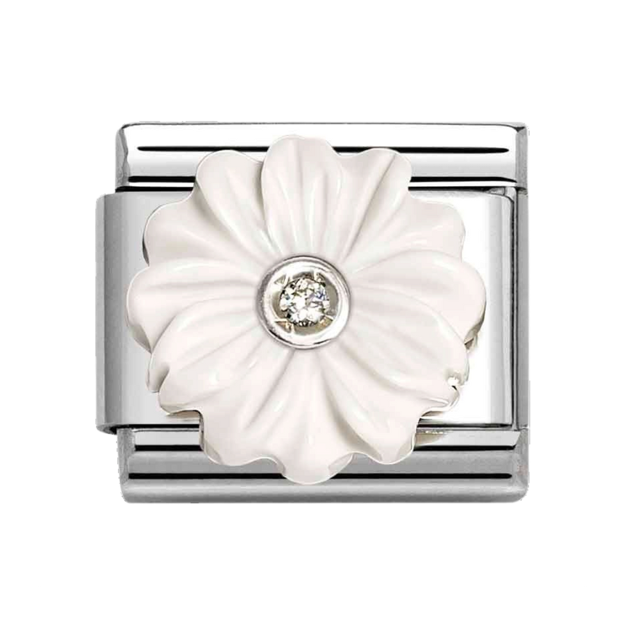 Niche Jewellery Nomination charm featuring a white stone flower with a central cubic zirconia on a silver link.