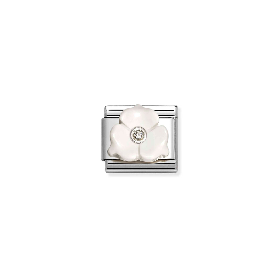 Niche Jewellery Nomination charm featuring a white three-petal flower with a central cubic zirconia on silver link.