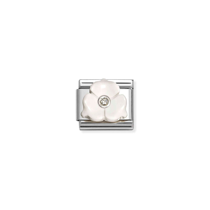 Niche Jewellery Nomination charm featuring a white three-petal flower with a central cubic zirconia on silver link.