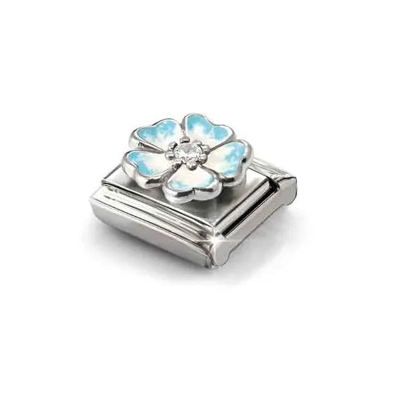 Niche Jewellery Nomination silver flower charm with blue and white enamel petals and a central cubic zirconia stone.