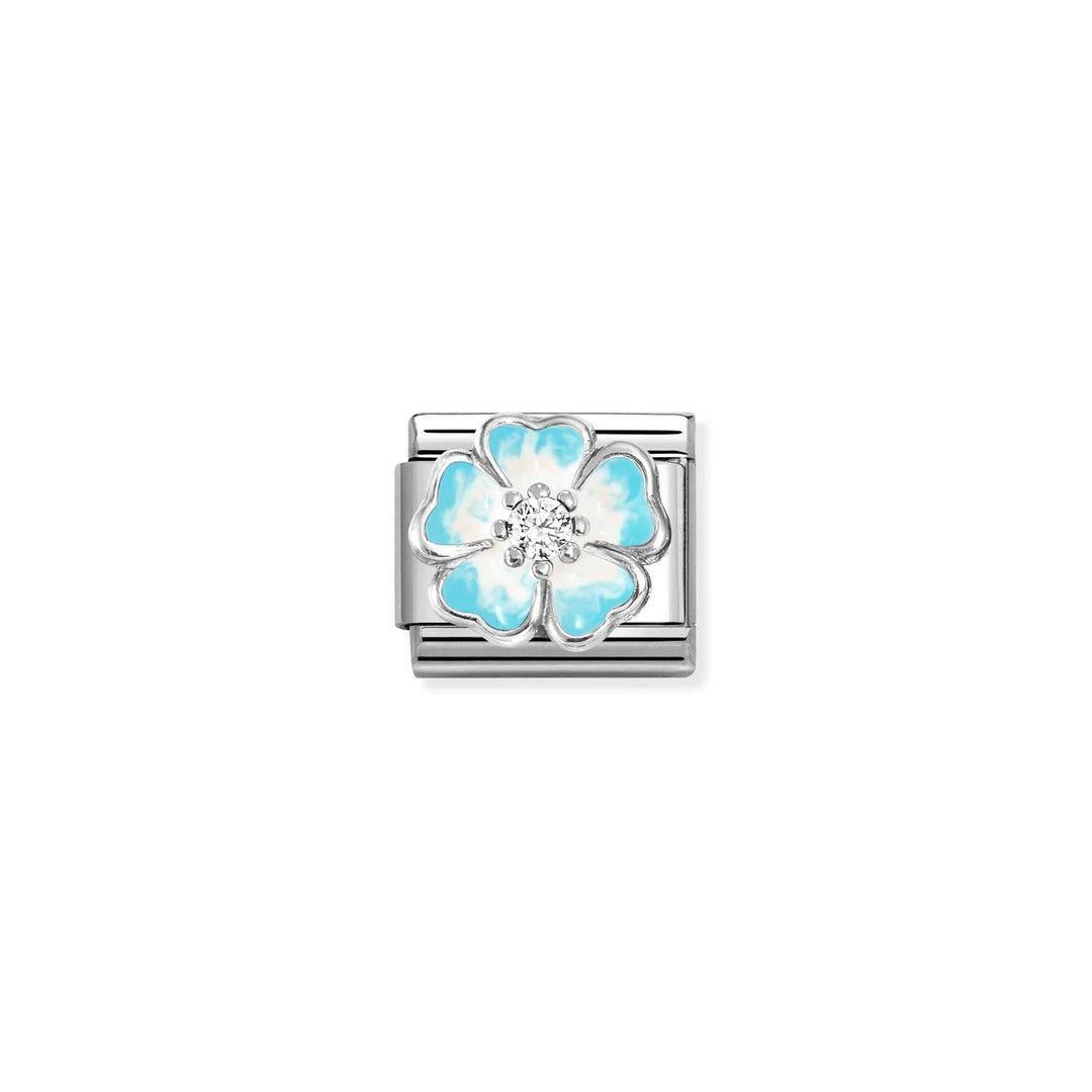 Niche Jewellery Nomination silver flower charm with blue and white enamel petals and a central cubic zirconia stone.