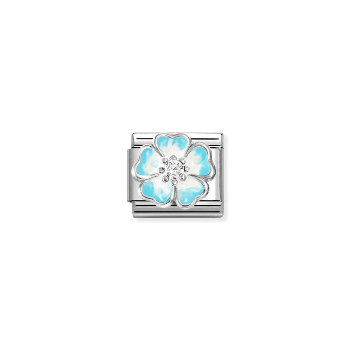 Niche Jewellery Nomination silver flower charm with blue and white enamel petals and a central cubic zirconia stone.